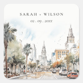 Chic Orlando Florida Skyline Hochzeit der Wasserfa Quadratischer Aufkleber