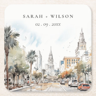 Chic Orlando Florida Skyline Hochzeit der Wasserfa Rechteckiger Pappuntersetzer