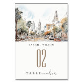 Chic Orlando Florida Skyline Hochzeit der Wasserfa Tischnummer (Vorderseite)