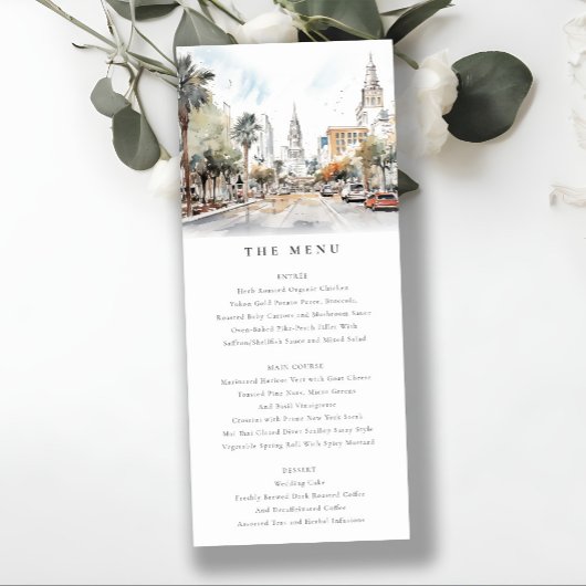 Chic Orlando Florida Skyline Wedding Menu Card Einladung