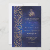 Chic Ornate Floral Gold & Blue Islamic Wedding Einladung (Vorderseite)