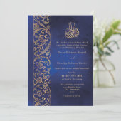 Chic Ornate Floral Gold & Blue Islamic Wedding Einladung (Stehend Vorderseite)