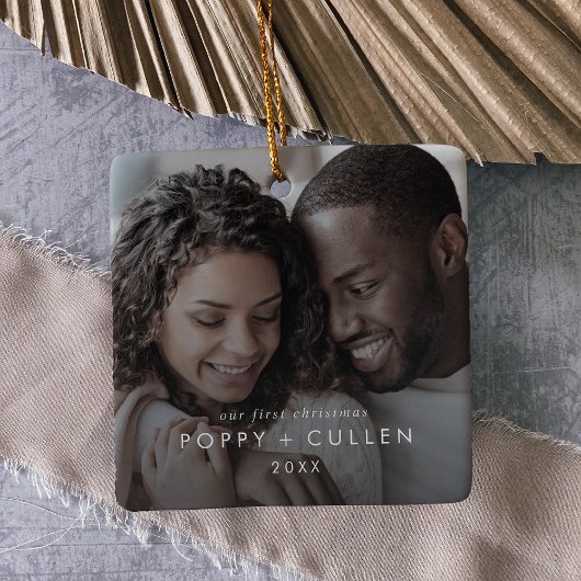 Chic Our First Christmas Couples Foto Overlay Keramikornament