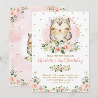 Chic Owl Blush Pink Gold Floral Girl Geburtstag Einladung