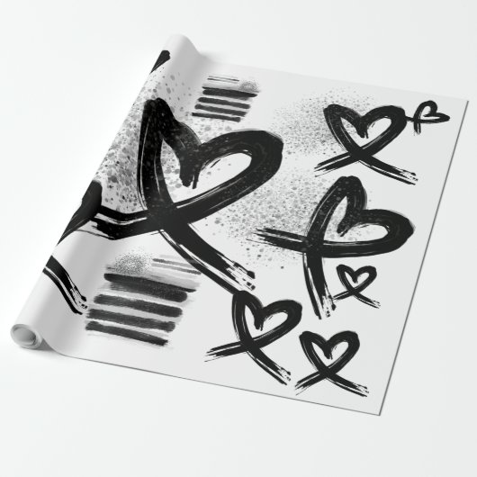 Chic Painted Black and White Hearts Muster Geschenkpapier (Ungerollt)