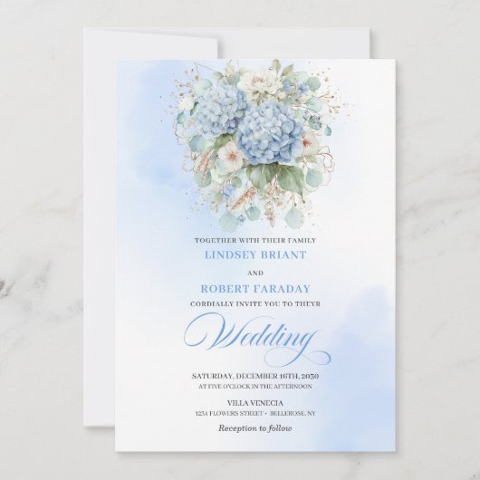 Chic Pale Blue Hydrangea Floral Wedding Invitation Einladung (Vorderseite)