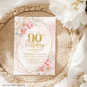 Chic Pale Gold Floral 90. Geburtstag Einladung