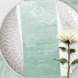 Chic Pale Green Watercolor, Monogram Wedding Menu Menükarte<br><div class="desc">Freuen Sie sich auf dieses schöne, hellgrüne Hochzeitsmenü in Aquarellfarben mit eleganten handgezeichneten botanischen Monogrammen mit Paarinitialen über einen exquisiten Aquarellspülhintergrund in einer schönen Mischung aus hellgrün, mint grün und Salbeifarben. Einfach Vorlage mit Ihren Details und Menü ausfüllen und die Drucke bestellen! Teil unserer Kollektion "Pale Green Watercolor Botanical Monogram...</div>