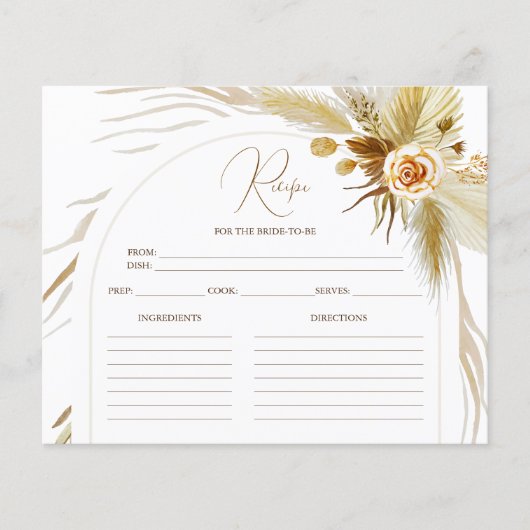 Chic Pampas Grass Boho Brautparty Rezept Karte (Vorderseite)
