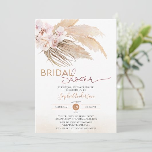 Chic Pampas Grass Boho Bridal Dusche Einladung (Stehend Vorderseite)