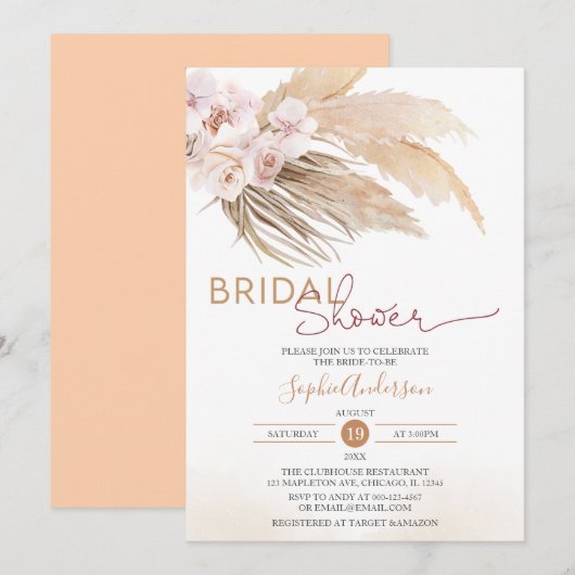 Chic Pampas Grass Boho Bridal Dusche Einladung (Vorne/Hinten)