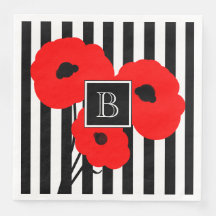 CHIC PAPIER NAPKIN_MOD RED POPPIES ON STRIPES