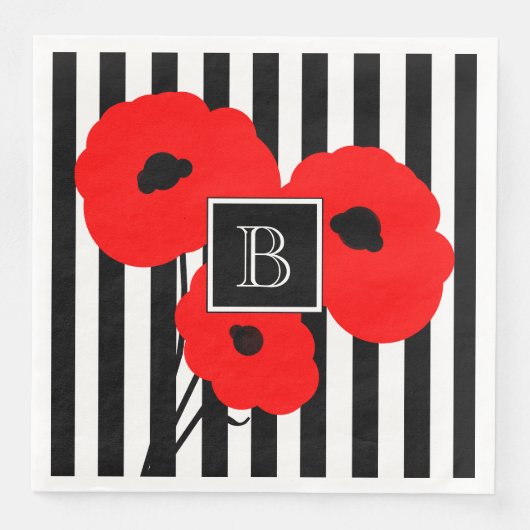 CHIC PAPIER NAPKIN_MOD RED POPPIES ON STRIPES SERVIETTE (Vorderseite)