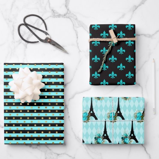 Chic Paris Aqua Blue, Black and Gold Geschenkpapier Set (Vorderseite)