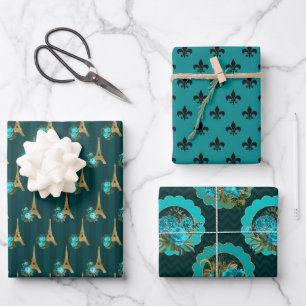 Chic Paris Aquamarin, Black and Gold Geschenkpapier Set