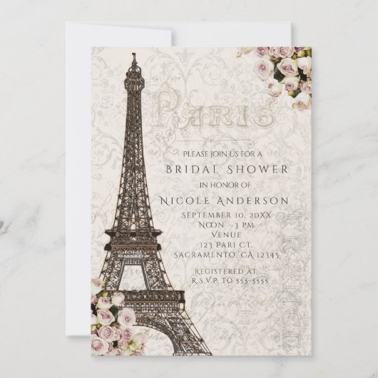 Chic Paris Eiffel Tower & Rose Elegante Einladung (Vorderseite)