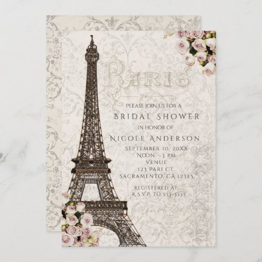 Chic Paris Eiffel Tower & Rose Elegante Einladung (Vorne/Hinten)
