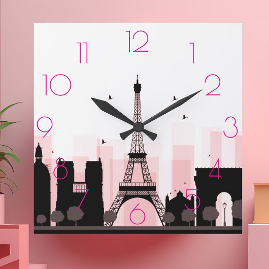 Chic PARIS Eiffelturm Skyline Pink Moderne Quadratische Wanduhr