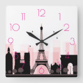 Chic PARIS Eiffelturm Skyline Pink Moderne Quadratische Wanduhr (Vorderseite)
