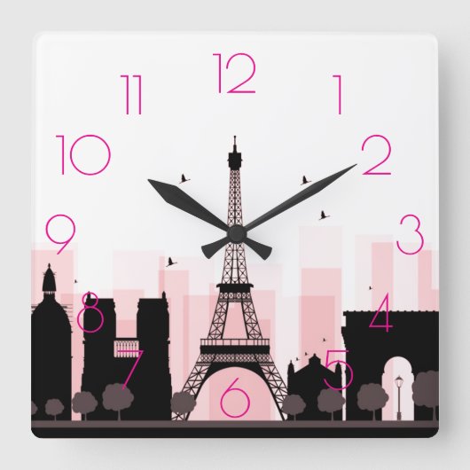 Chic PARIS Eiffelturm Skyline Pink Moderne Quadratische Wanduhr (Vorderseite)