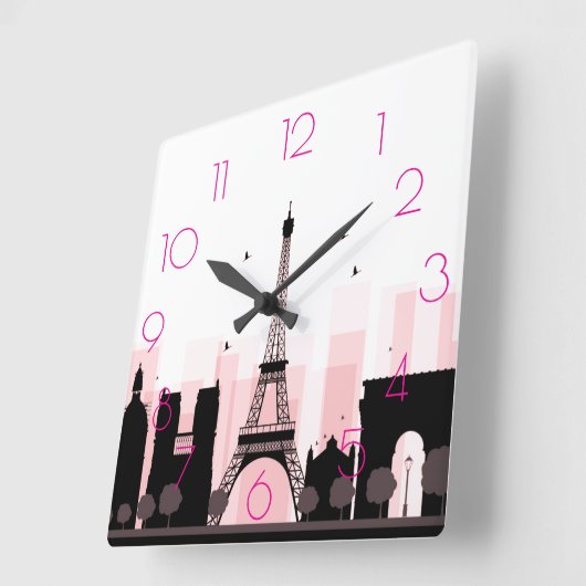 Chic PARIS Eiffelturm Skyline Pink Moderne Quadratische Wanduhr (Winkel)