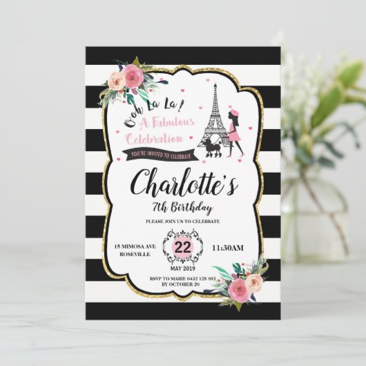 Chic Paris Girl and Poodle Birthday Party Einladung (Stehend Vorderseite)