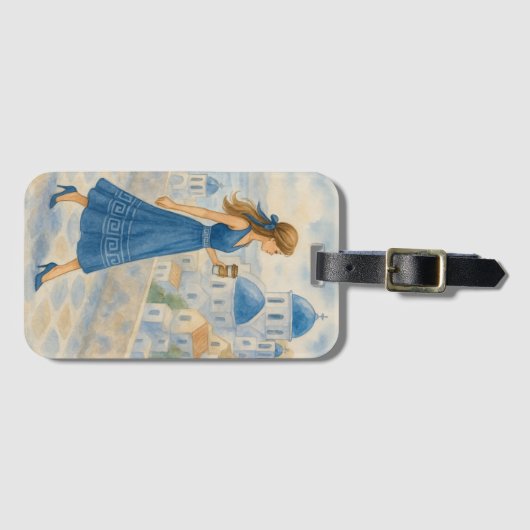 Chic Paris Girl in Santorini Griechenland Gepäckma Gepäckanhänger (Vorderseite (Horizontal))
