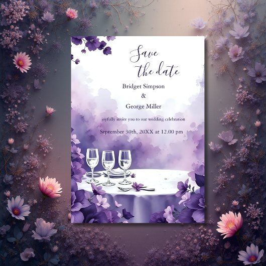 Chic Paris & Lila Floral Wedding Safe das Datum Einladung