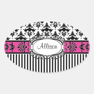 Chic Paris Pink und Black Damask und Streifen Ovaler Aufkleber