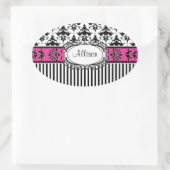 Chic Paris Pink und Black Damask und Streifen Ovaler Aufkleber (Tasche)