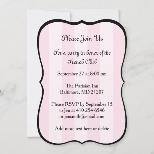 Chic Pariser Rosa Streifen Schwarzer Eiffelturm Einladung (Rückseite)