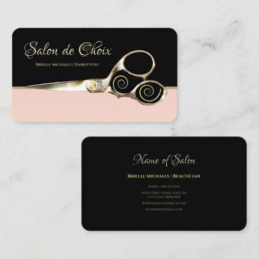 Chic Pariser Salon in hellrosa Schwarz und Schere Visitenkarte (Vorne/Hinten)