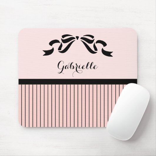 Chic Parisian Pink Pinstripes Black Bow und Name Mousepad (Mit Mouse)