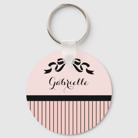Chic Parisian Pink Pinstripes Black Bow und Name Schlüsselanhänger (Vorderseite)