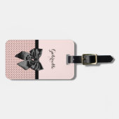 Chic Parisian Pink Polka Dots Black Bow und Name Gepäckanhänger (Vorderseite horizontal)