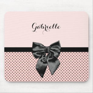 Chic Parisian Pink Polka Dots Black Bow und Name Mousepad