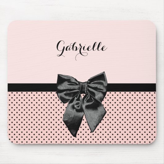 Chic Parisian Pink Polka Dots Black Bow und Name Mousepad (Vorne)