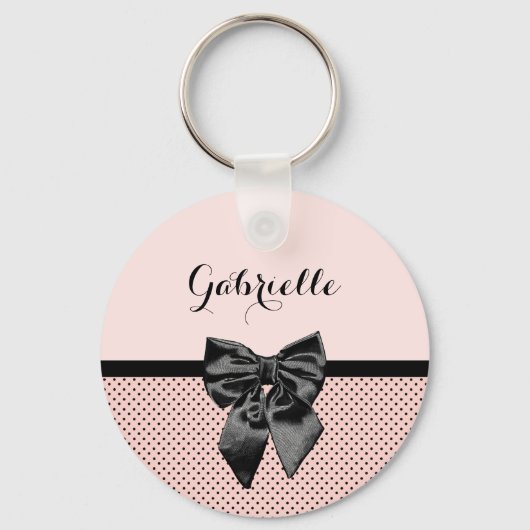 Chic Parisian Pink Polka Dots Black Bow und Name Schlüsselanhänger (Vorderseite)