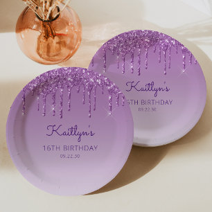 Chic Party zum 16. Geburtstag mit lila Glitter-Dri Pappteller