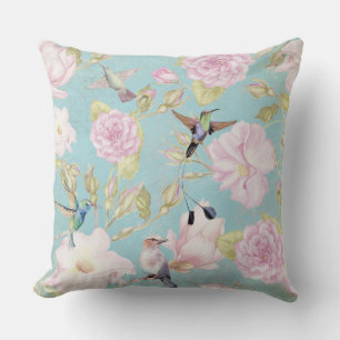 Chic Pastel Aquamarine Vintage Rose Hummingbird Mu Kissen
