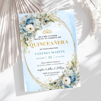 Chic Pastel Blue Gold Eucalyptus Quince Invitation Einladung