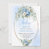Chic Pastel Blue Peony Eucalyptus Gold Baby Shower Einladung (Vorderseite)