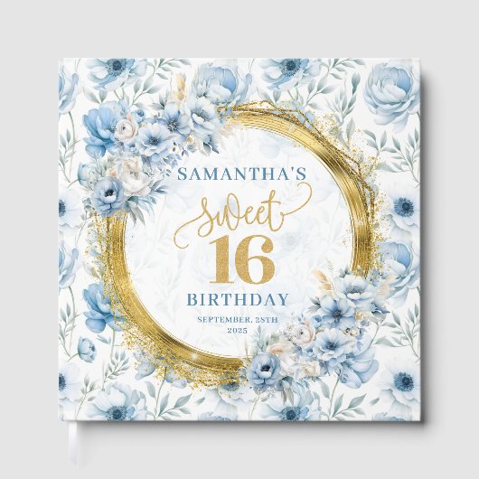 Chic Pastel Blue Sweet 16 Gästebuch mit Glitzern (Vorderseite)