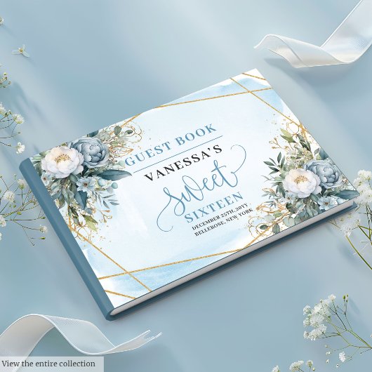 Chic Pastel Blue White Gold Blume Sweet Sweet Gästebuch