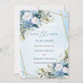 Chic Pastel Blue White Gold Floral Save the Date Einladung (Vorderseite)
