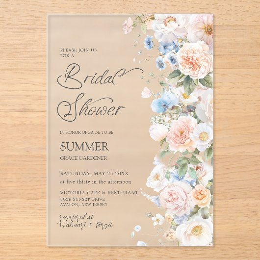 Chic Pastel Blush White Blue Floral Brautparty Acryleinladungen (Vorderseite)