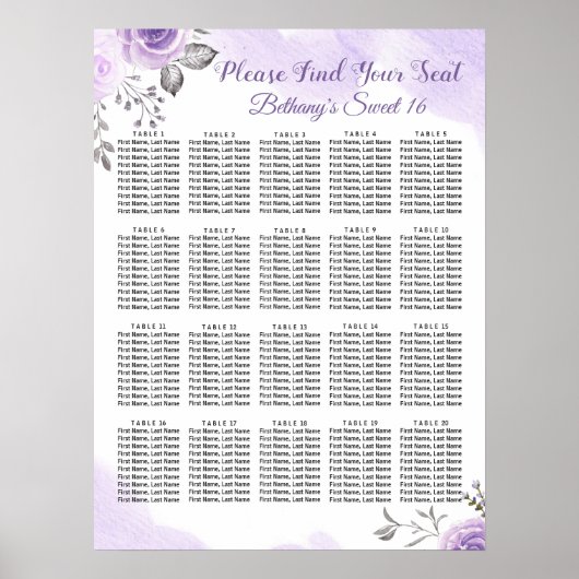 Chic Pastel Lila floral Sweet 16 Seating Chart Poster (Vorne)