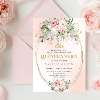 Chic Pastel Pink Boho Floral Quinceañera Invites Einladung