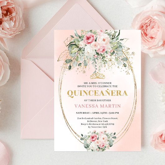 Chic Pastel Pink Boho Floral Quinceañera Invites Einladung