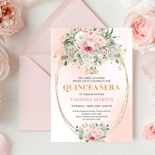 Chic Pastel Pink Eucalyptus Quinceañera Invite Einladung